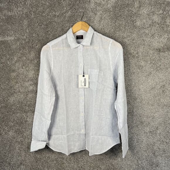 Untuckit Shirt Womens 4 White Stripe Button Up Long Sleeve Linen Blend Top - Picture 1 of 11